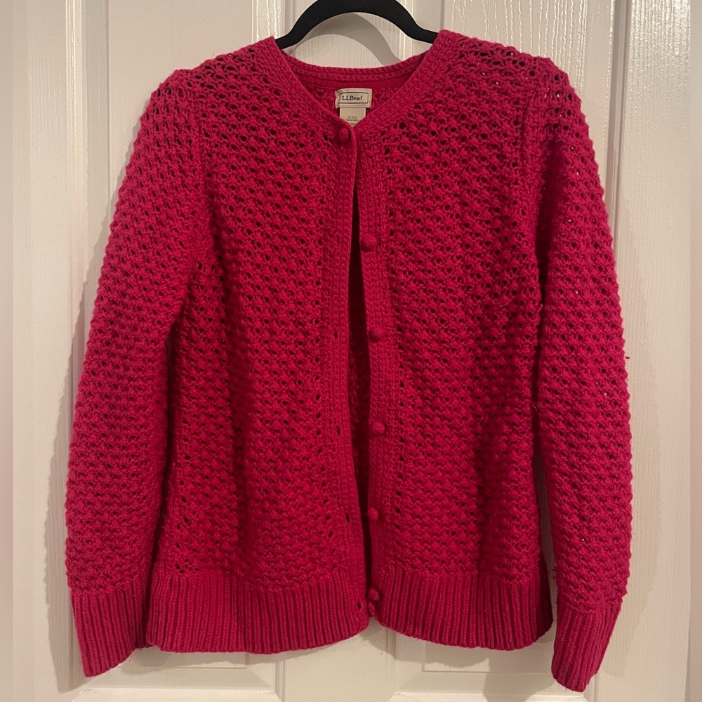 Vintage L.L. Bean Loose Knit Angora Wool Pink Magenta Cardigan - Like New